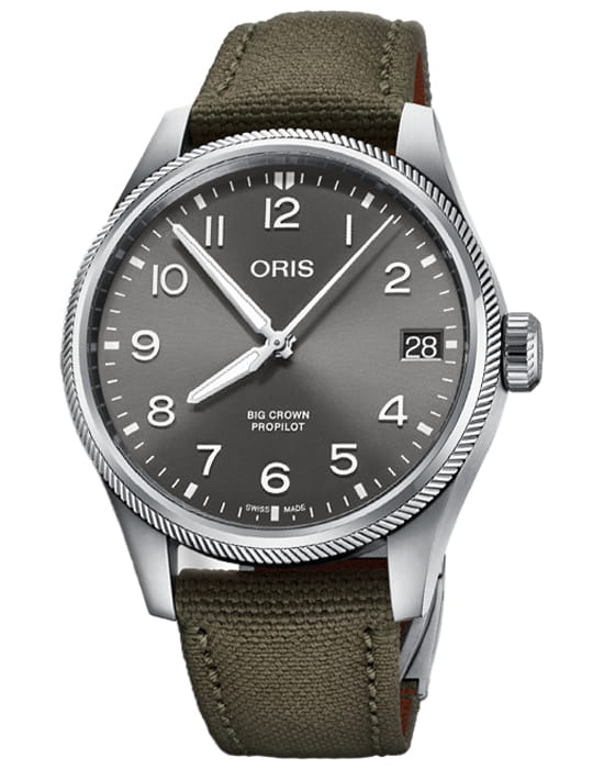 Oris Oris Propilot Big Crown Propilot Big Date 01 751 7761 4063-07 3 20 03LC  01 751 7761 4063-07 3 20 03LC механические мужские часы черный циферблат, браслет тканевый — вид спереди